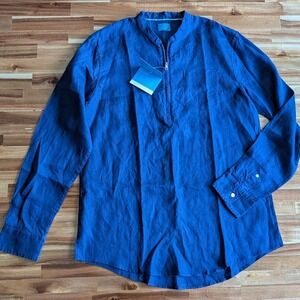 Bourhaan Mens 100% Linen Quarter Zip Shirt Blue Mandarin Collar Medium NWT